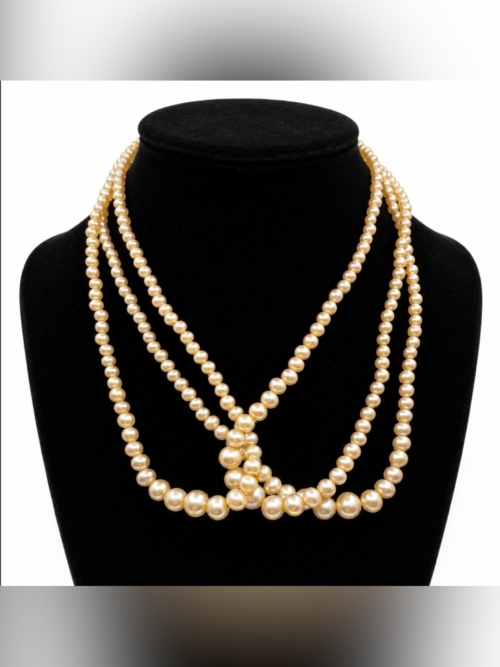 Triple Strand Layered Champagne Faux Pearls with “Button” Closure Vintage